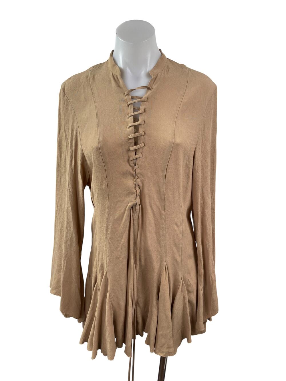 NEW H&M Womens Tan Lace Up Long Sleeve Ruffle Pleated A Line Mini Dress Size S